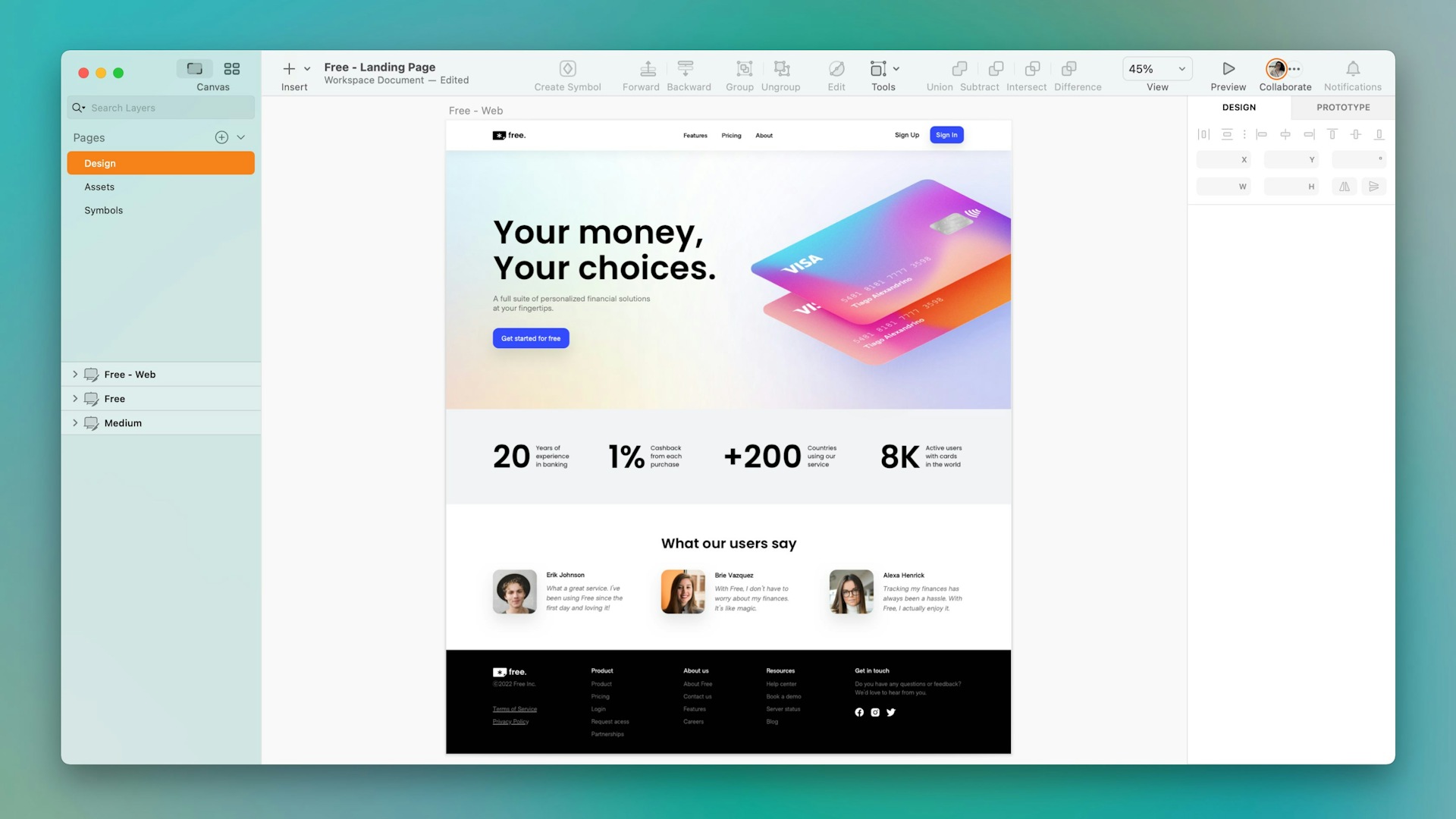 An image showing a banking-themed landing page designed in Sketch.