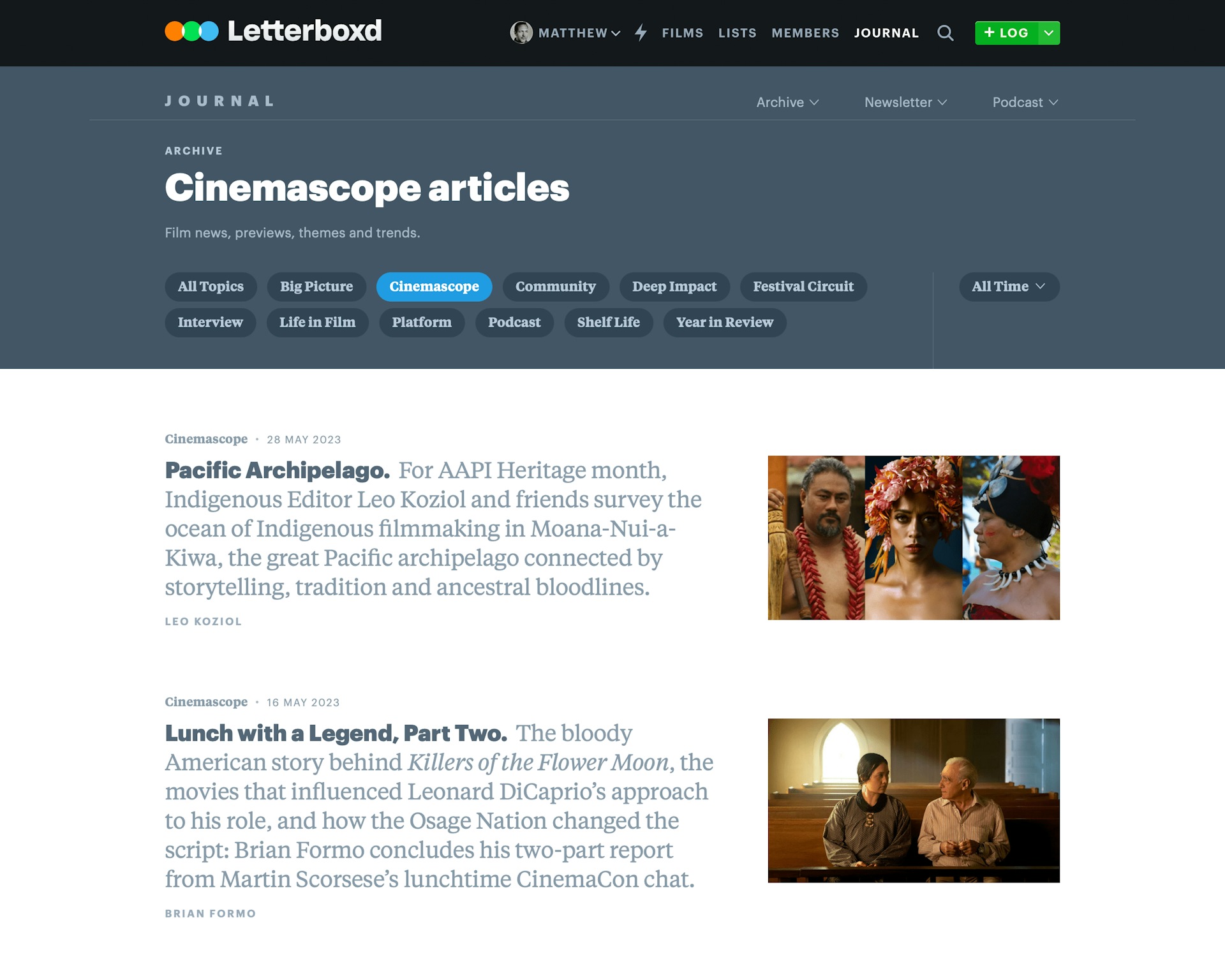 Screenshot of Letterboxd journal archive page designed in Sketch