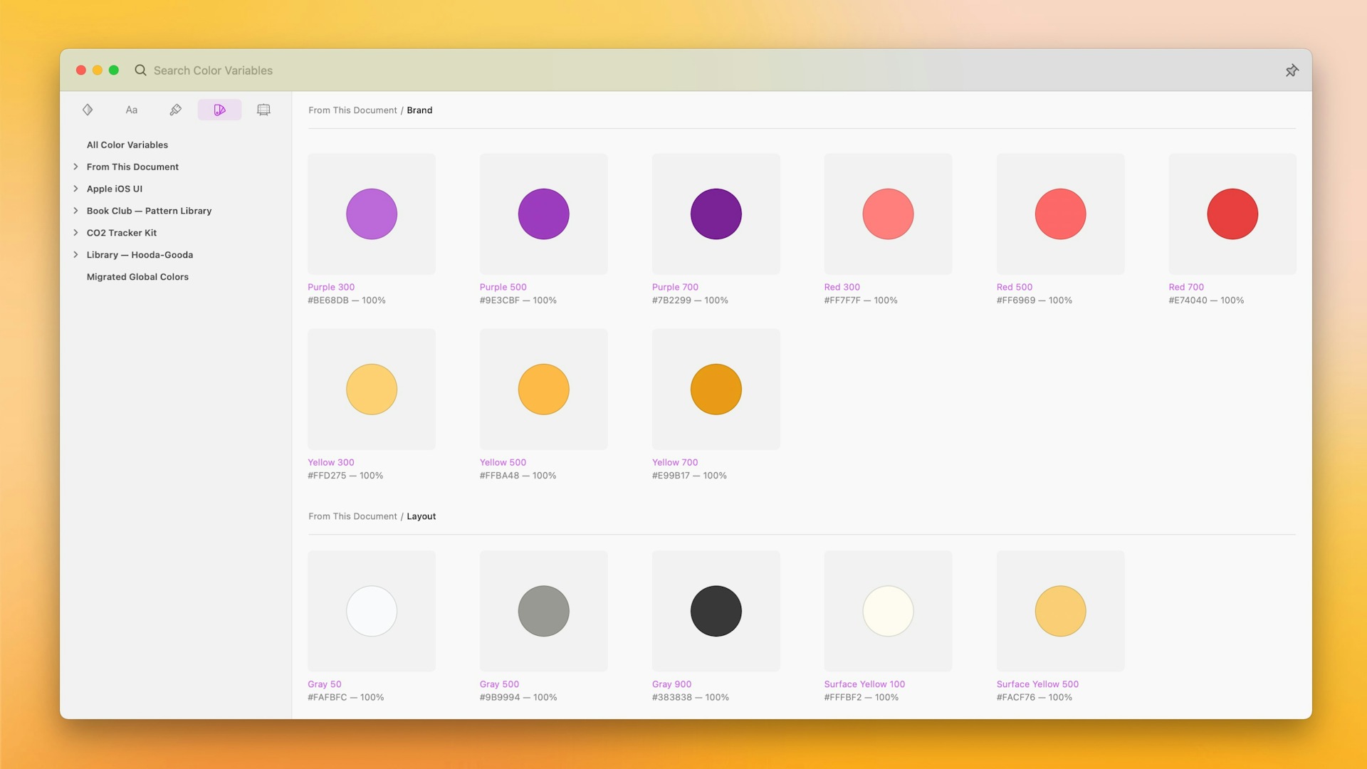 Image showing color variables in a Library in Sketch