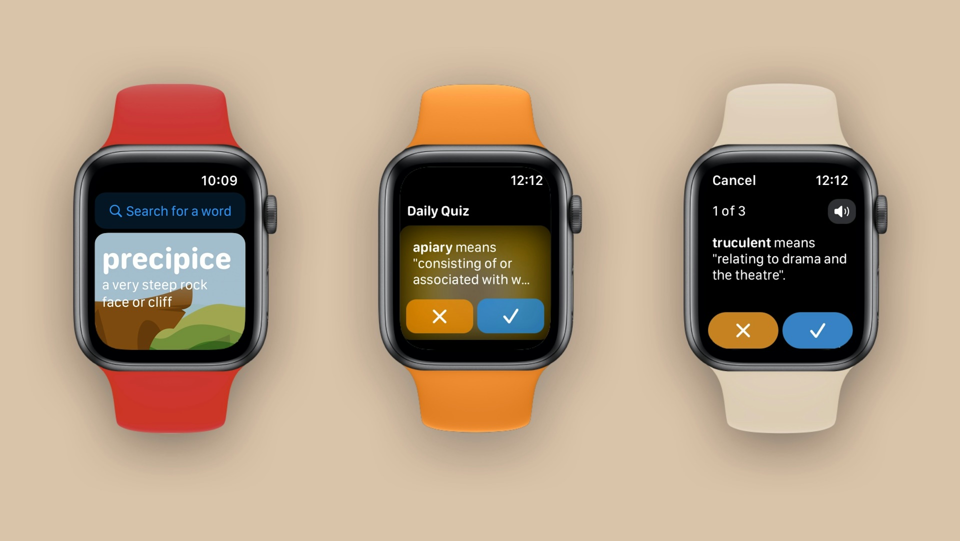 Three Apple Watches, showing the different interactions you can have with LookUp on your wrist.