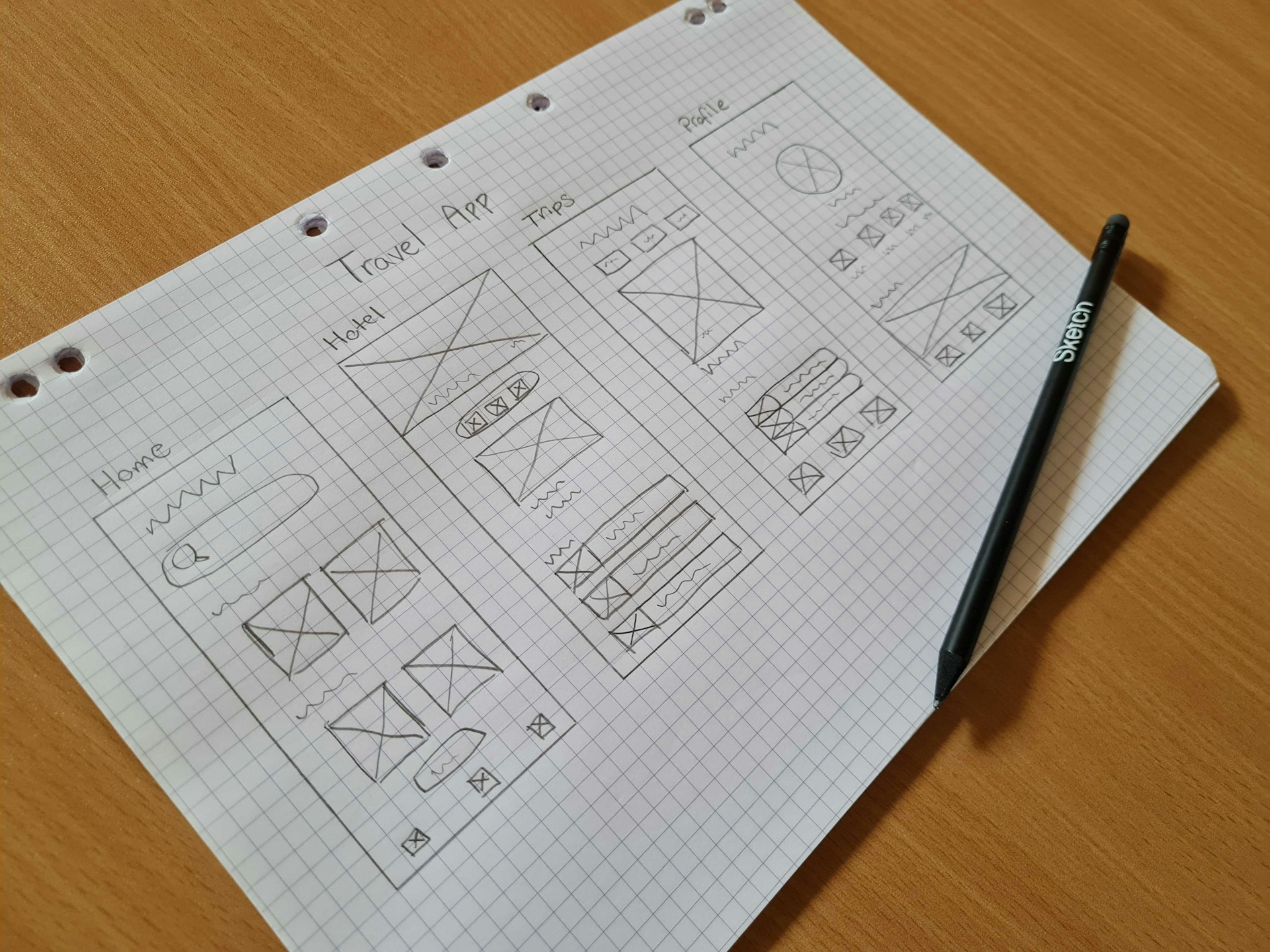 An image of a low-fidelity wireframe drawn with pencil and paper.