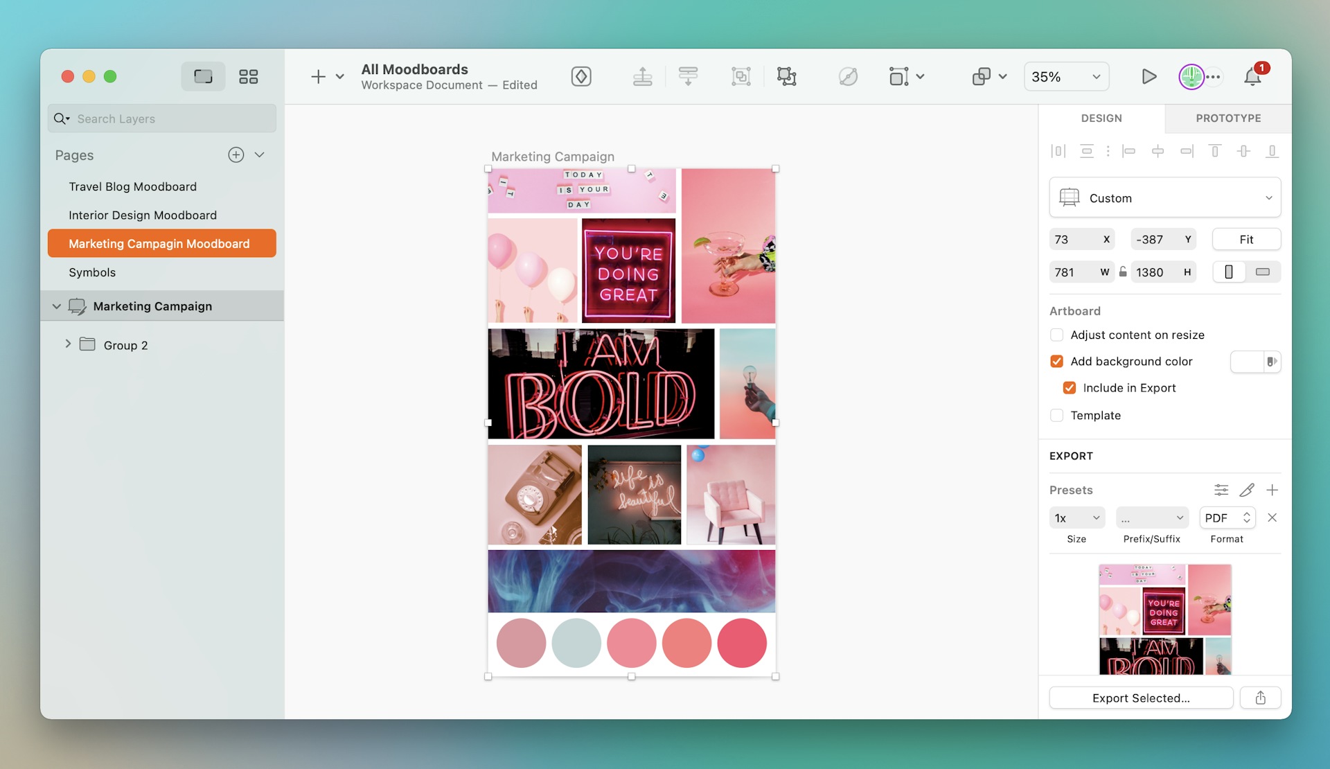 An image of a moodboard template in Sketch’s Mac app for a marketing campaign.