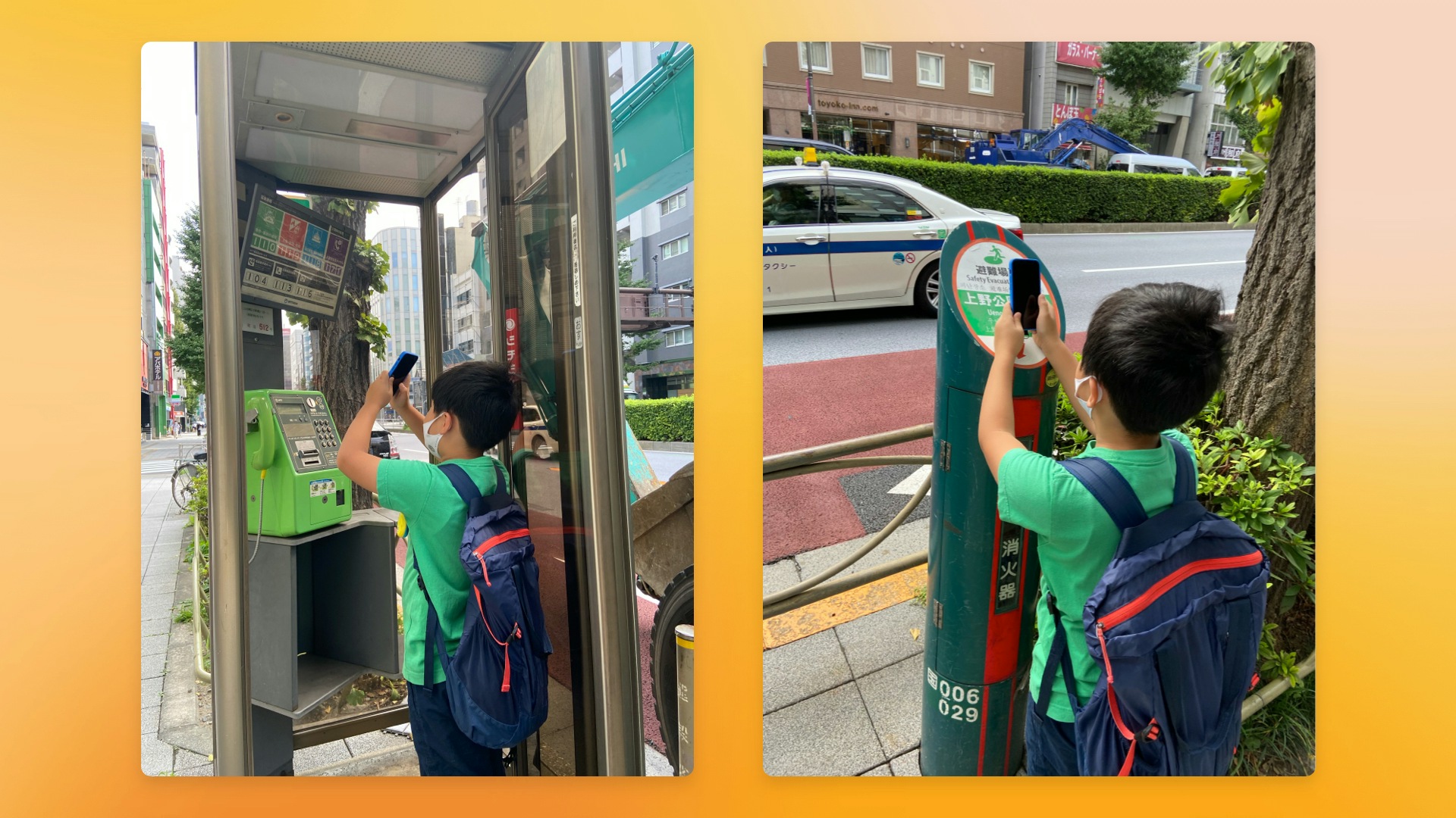 An image of Daikichi taking photos around his city.