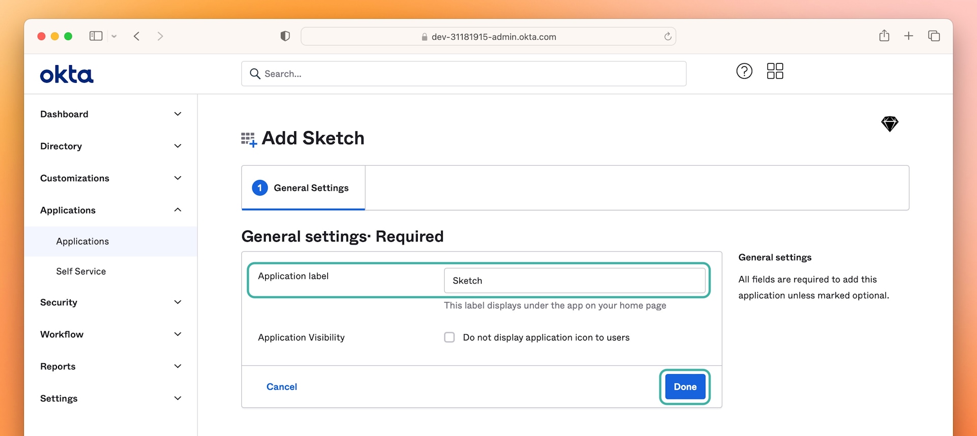 An image showing how to label an Application in Okta