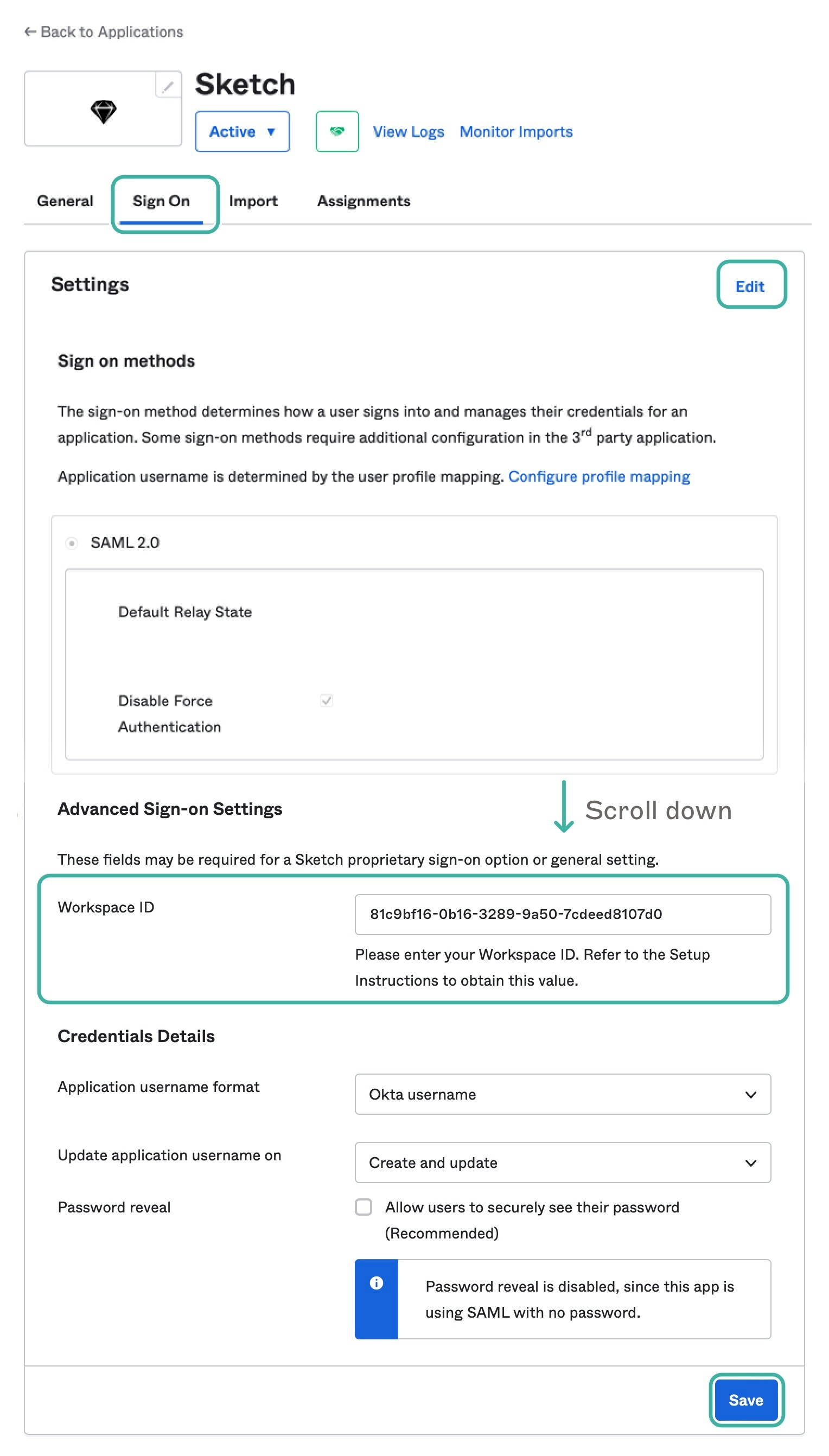 An image showing how to add your Worskpace ID in Okta