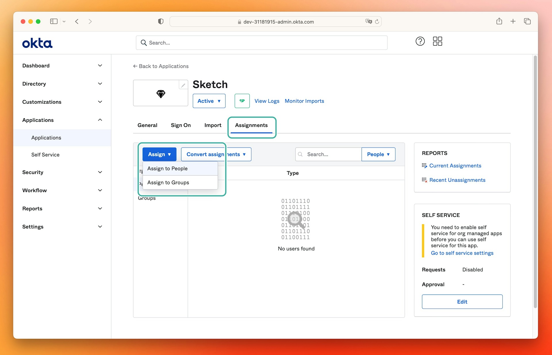 An image showing the Assign menu options in Okta