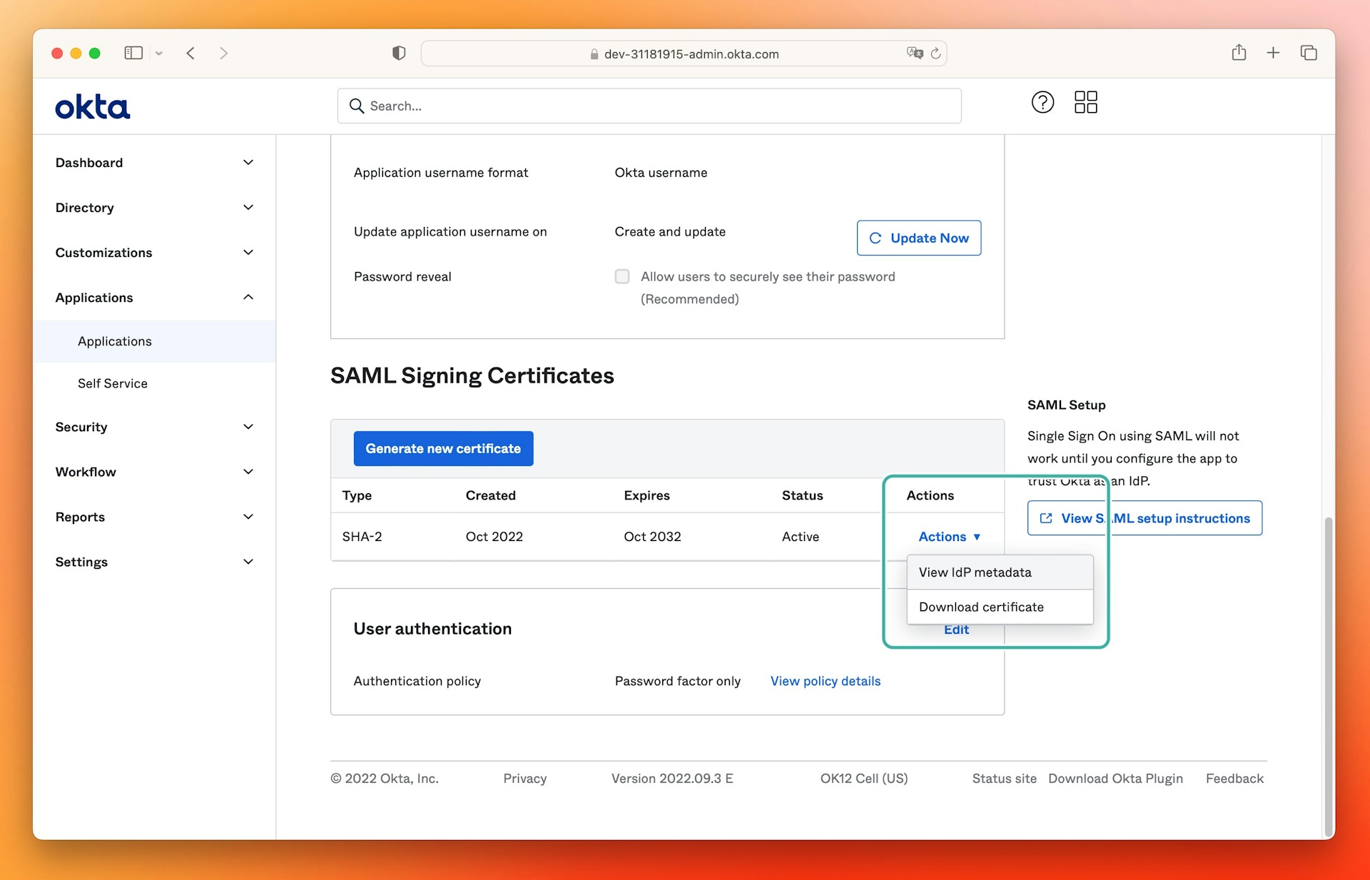 An image showing the View IdP metadata link in the Actions menu in Okta