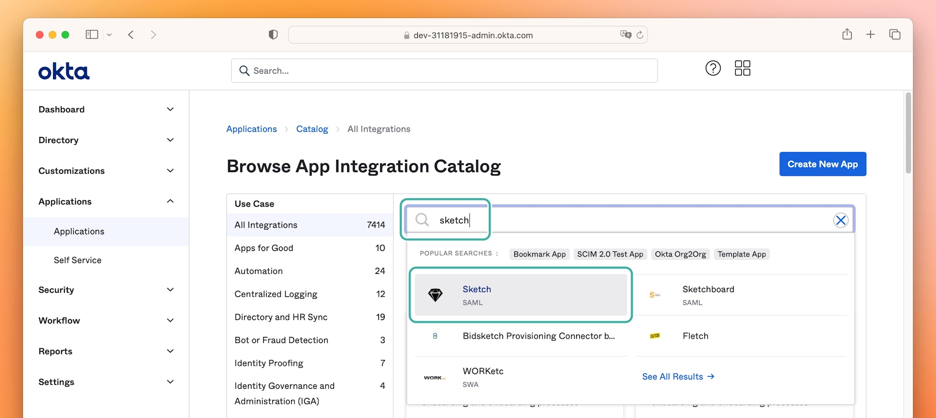 An image showing how to search for and select the Sketch SAML integration