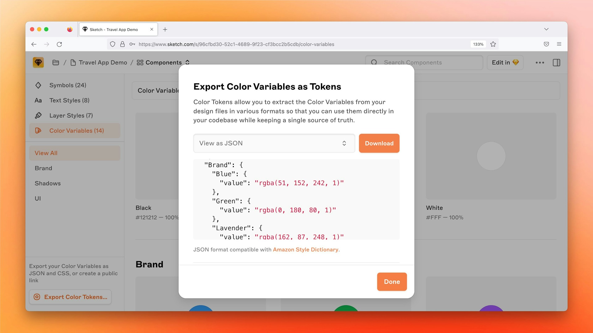 Screenshot of Sketch web app showing Color Tokens.