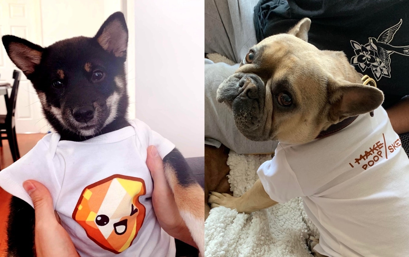 Image of two puppies wearing Sketch merch. Front of baby onesie is a Sketch Kawaii icon. Back of the onesie says I poop Sketch