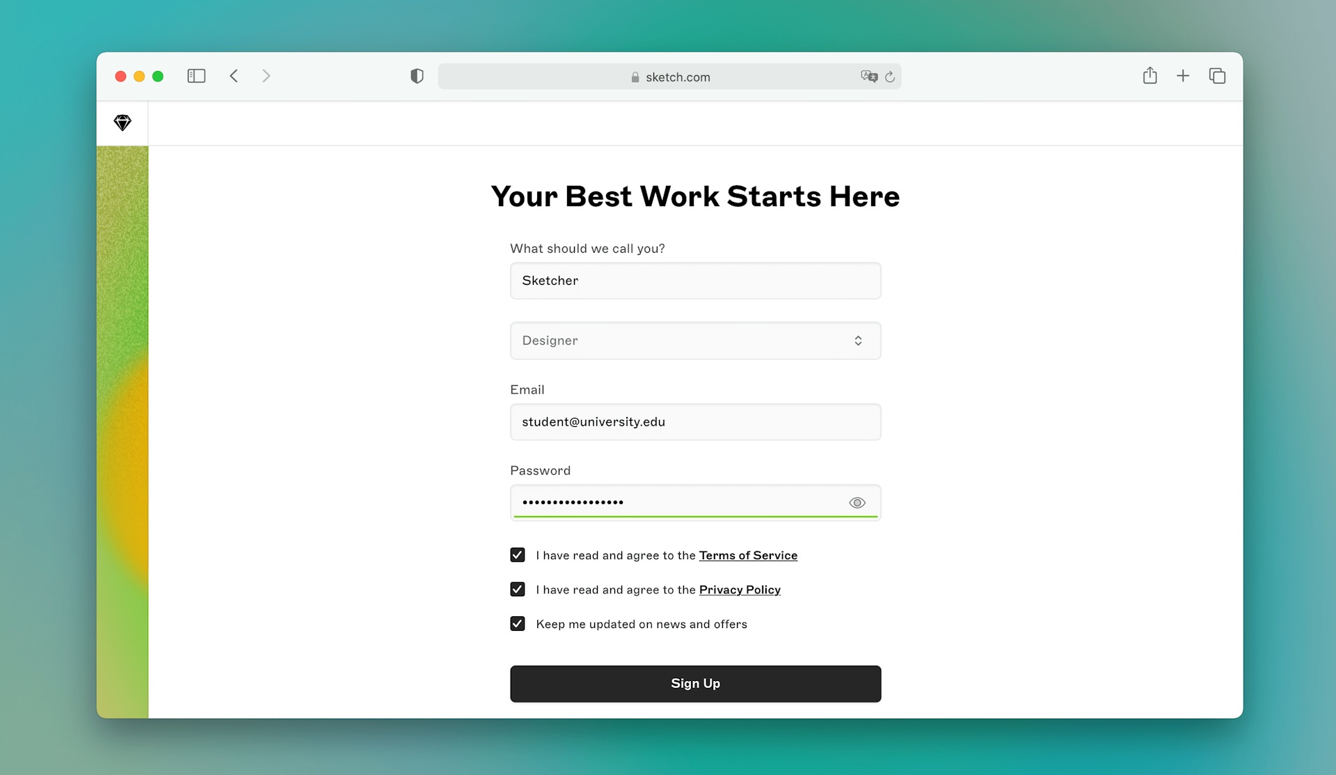 Screenshot of Sketch sign-up process