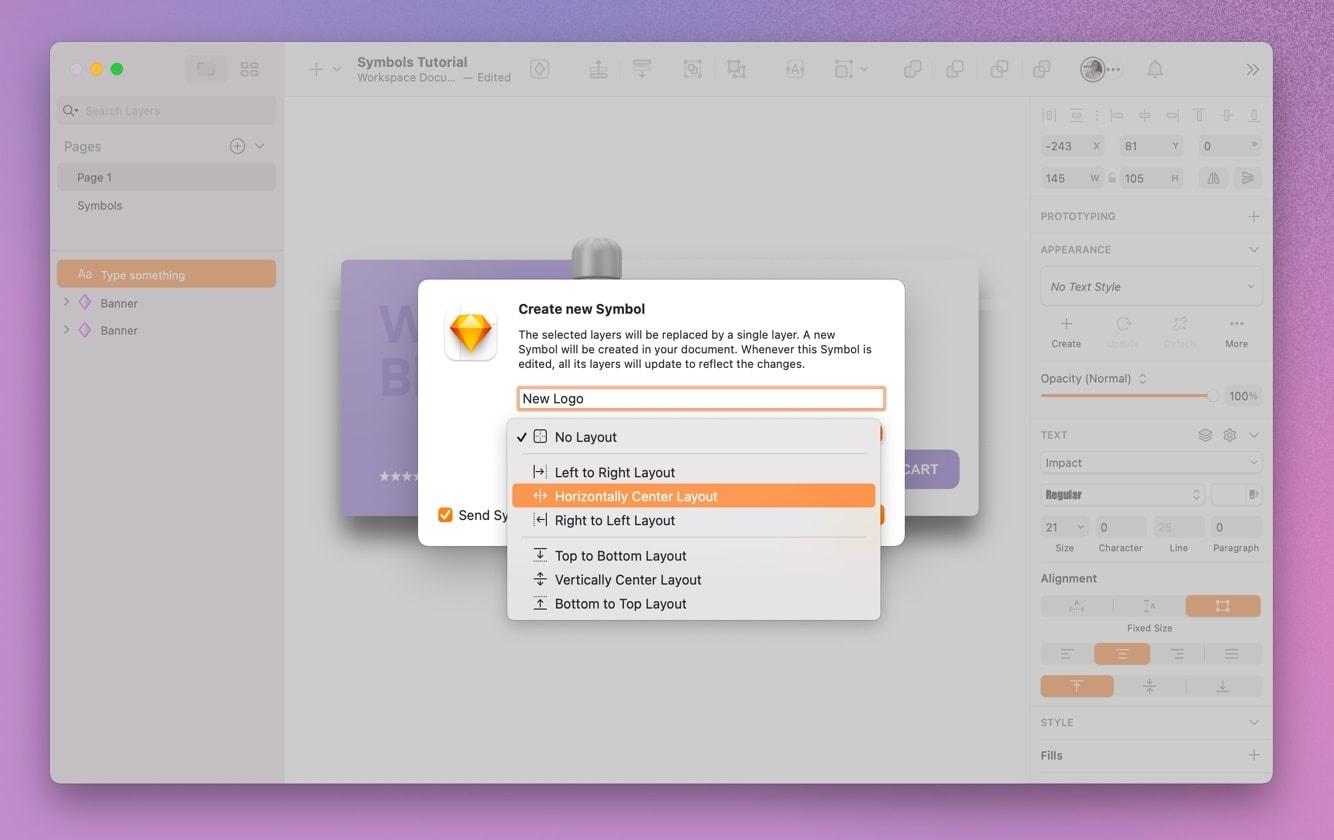 Screenshot of the Create new Symbol window in Sketch showing Smart Layout dropdown menu options