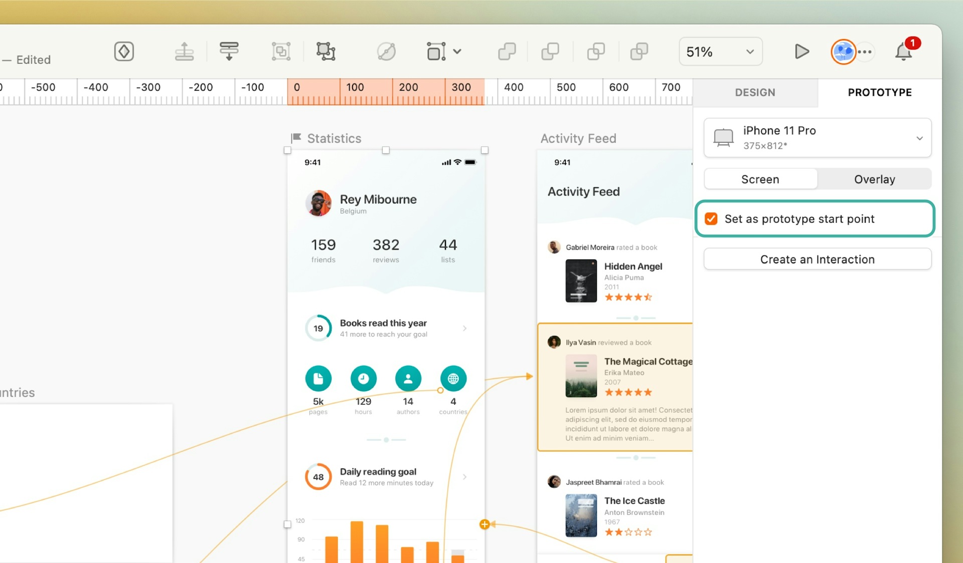 An image showing how to Set as prototype start point for an Artboard via the Prototyping tab of the Inspector