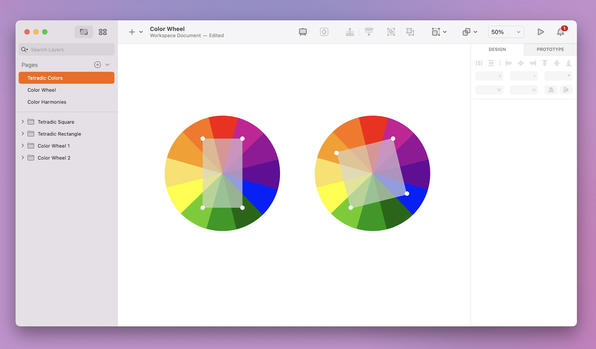 An image representing two types of tetradic color harmonies on the color wheel.