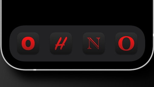 Four tinted iOS app icons sit in the dock at the bottom of an iPhone, the letters on the icons spell out the words oh no