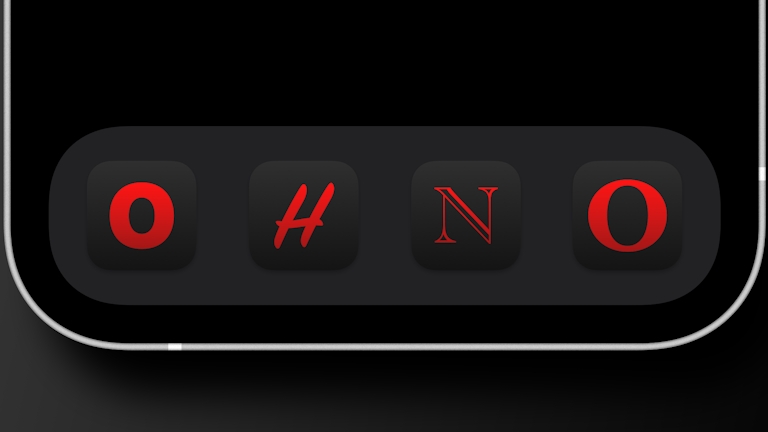 Four tinted iOS app icons sit in the dock at the bottom of an iPhone, the letters on the icons spell out the words oh no