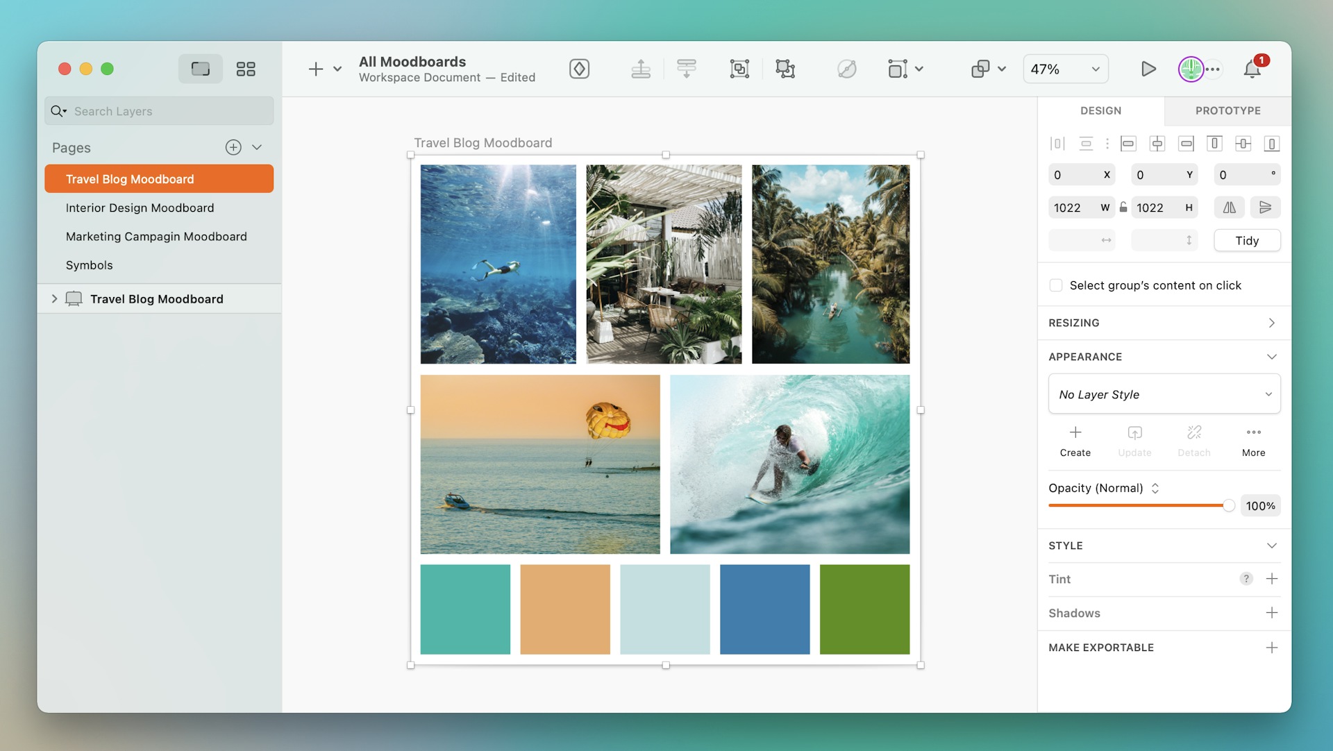 An image of a moodboard template in Sketch’s Mac app for a travel blog.