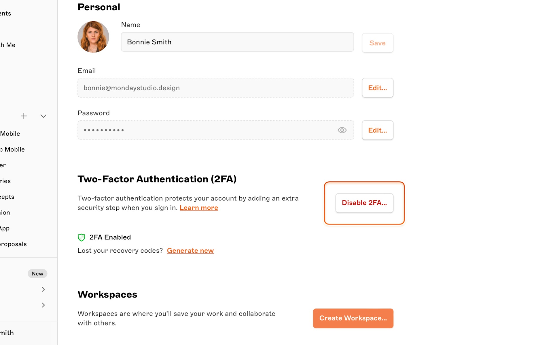 An image showing where to disable 2FA in your Sketch account