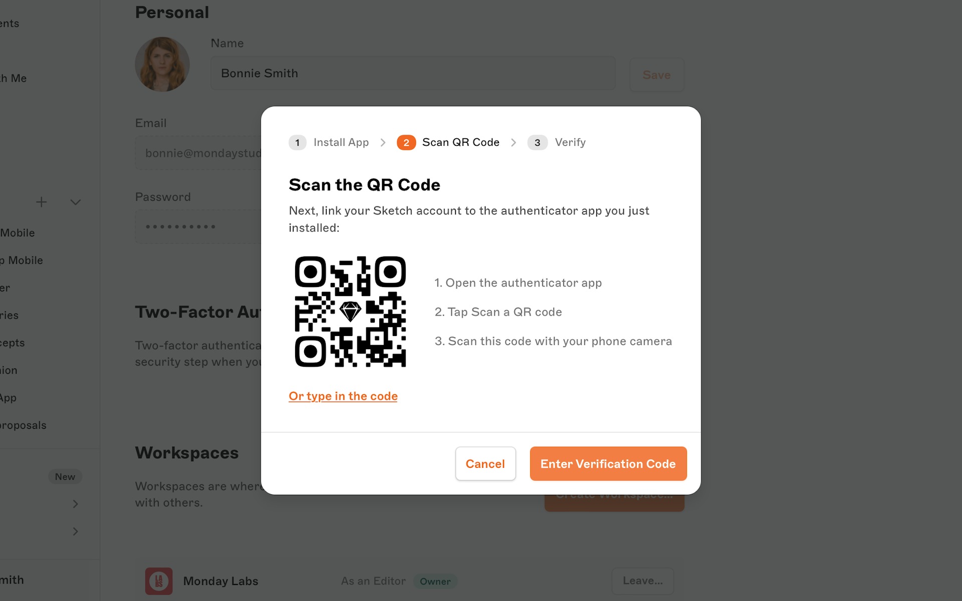 An image showing the QR code to link your Sketch account to the authenticator app