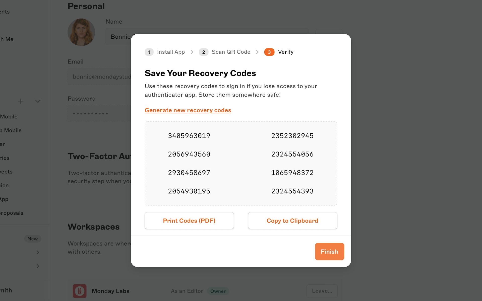 An image showing how your recovery codes