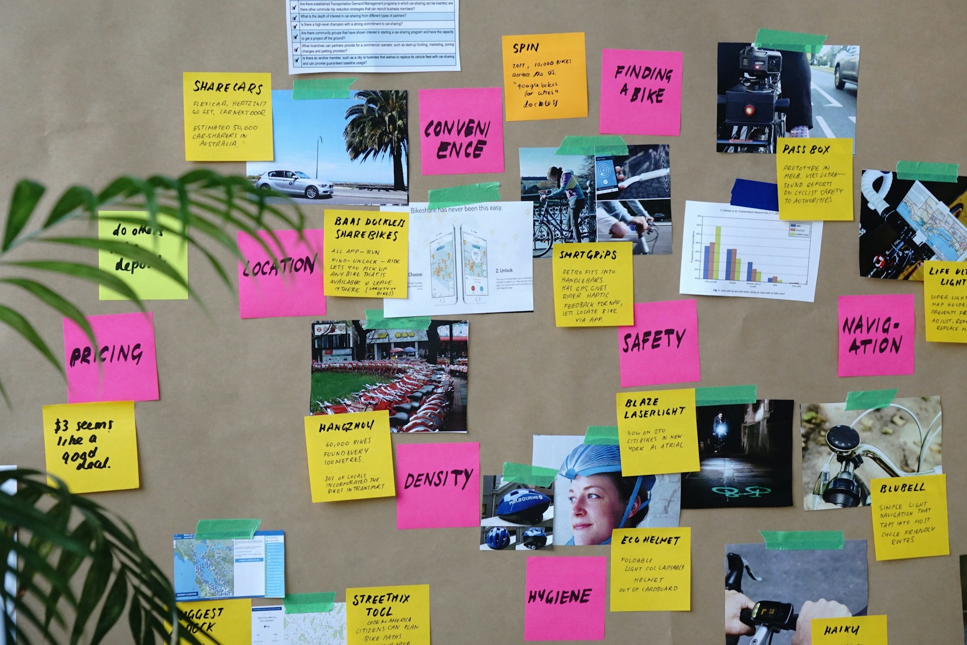 An image showing post-it notes for UX research about a bike share company