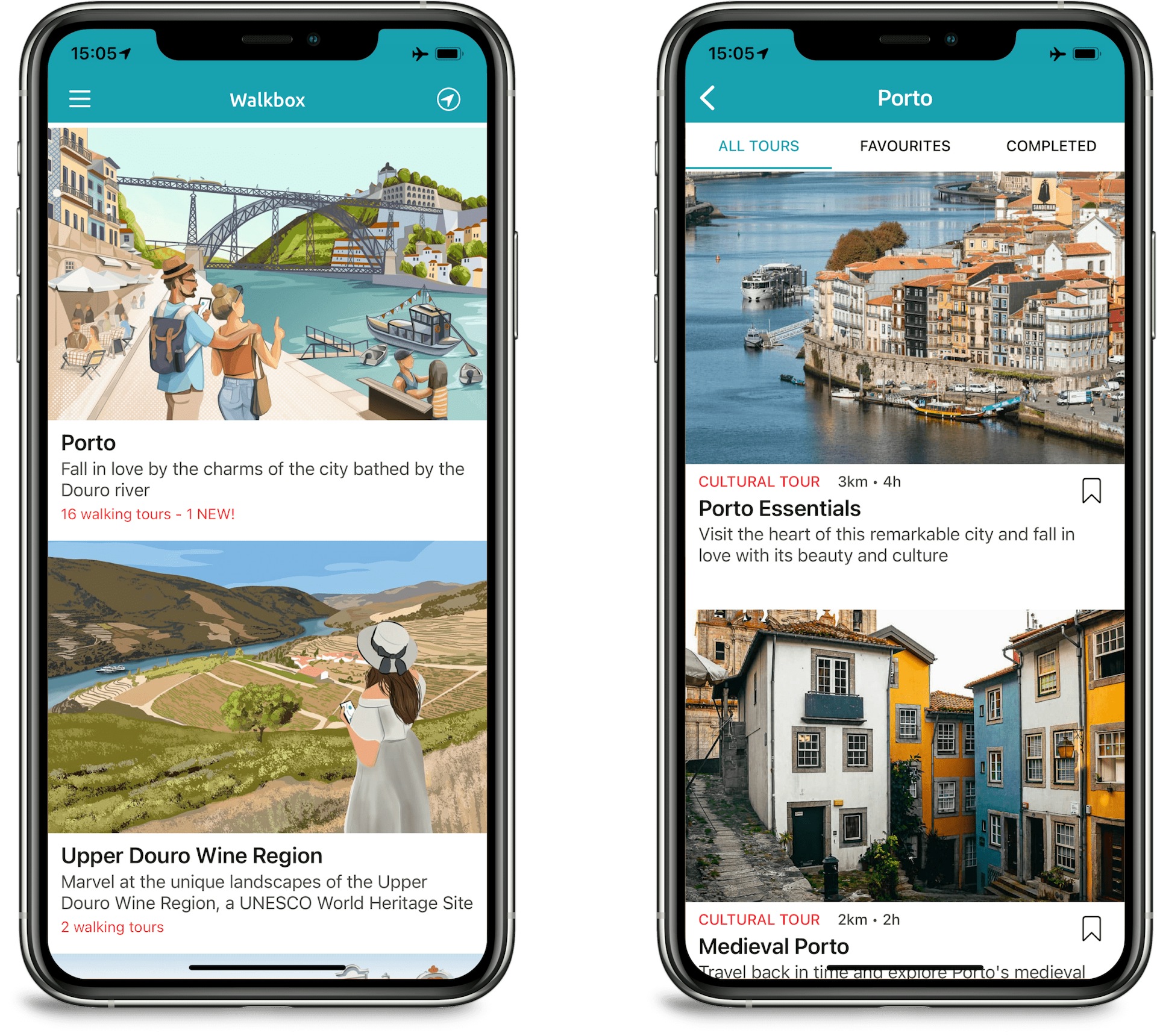 An image showing two screenshots of the Walkbox app, featuring its walking tours in Porto.