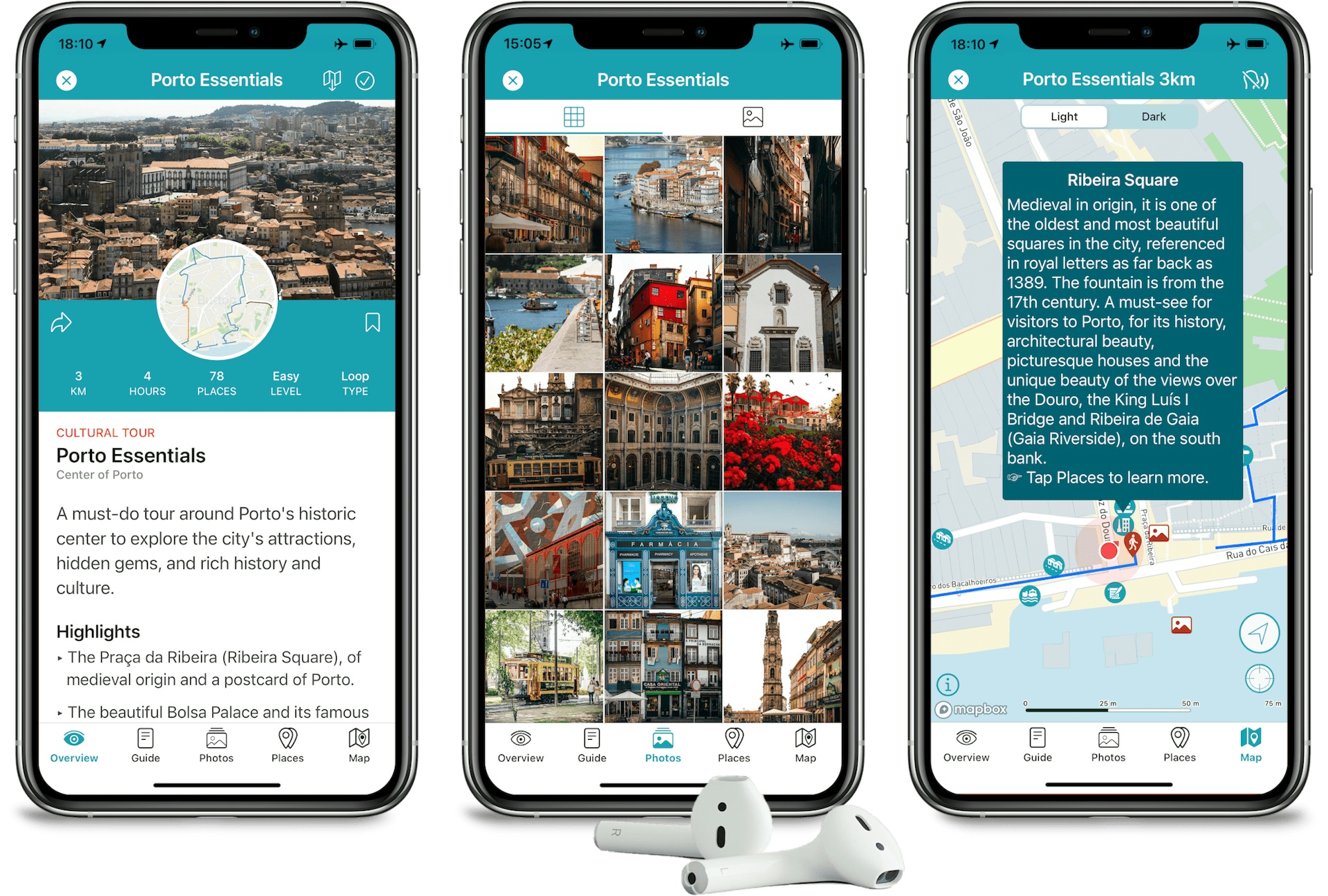 An image showing three screenshots of the Walkbox app, featuring its walking tours in Porto.