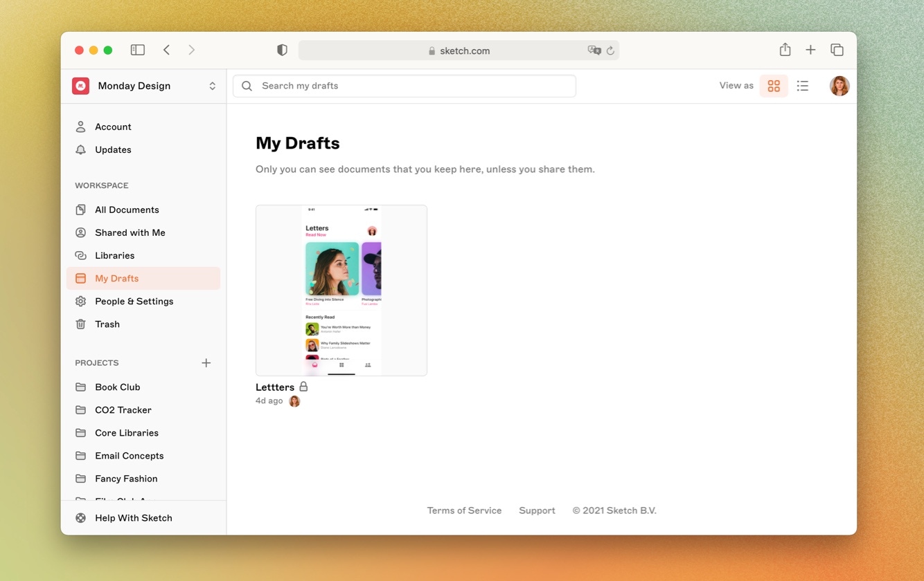 A Workspace homepage is showing the My Drafts section in the Sketch web app.