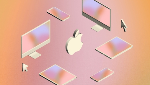 An illustration showing grey, stylized Macs, iPads and iPhones around an Apple logo on an orange and pink gradient background