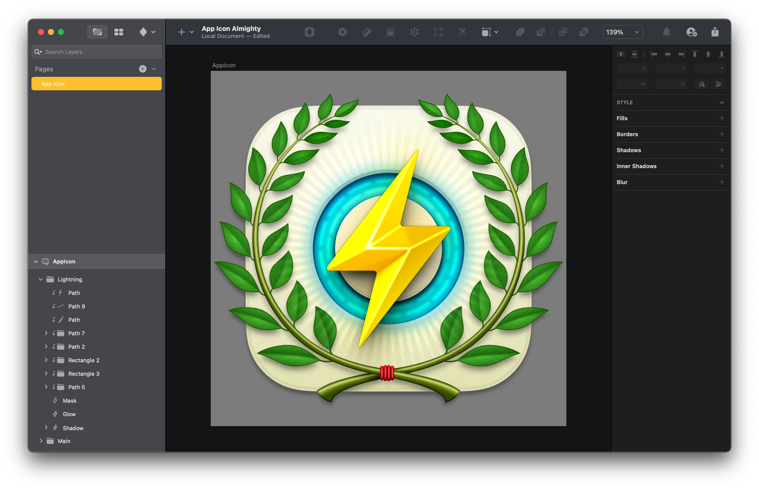 An icon design for the Almighty app featuring a big thunderbolt in the middle of a Sketch canvas.