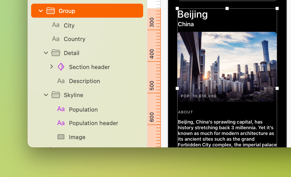 A screenshot showing how to organize a group within a Sketch document when applying a specific set of JSON data.