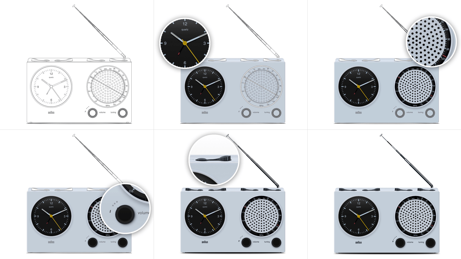 Six images, showing the progress of recreating a photorealistic Braun signal radio ABR 21 in Sketch by building each section one at a time.