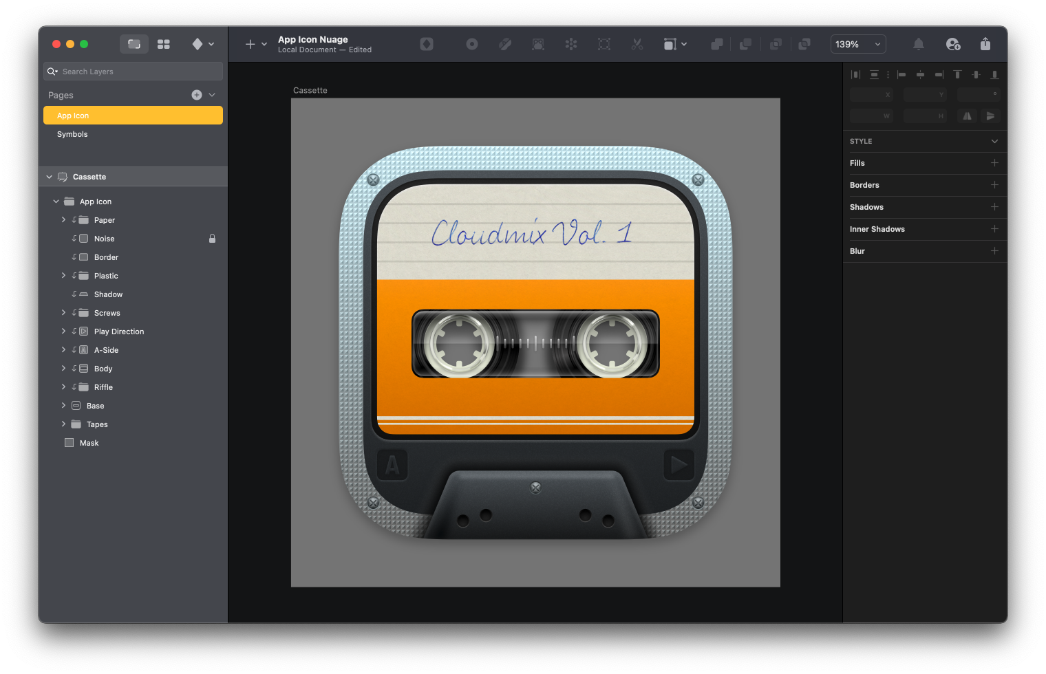 Image showing a design of a cassette app icon in Sketch.