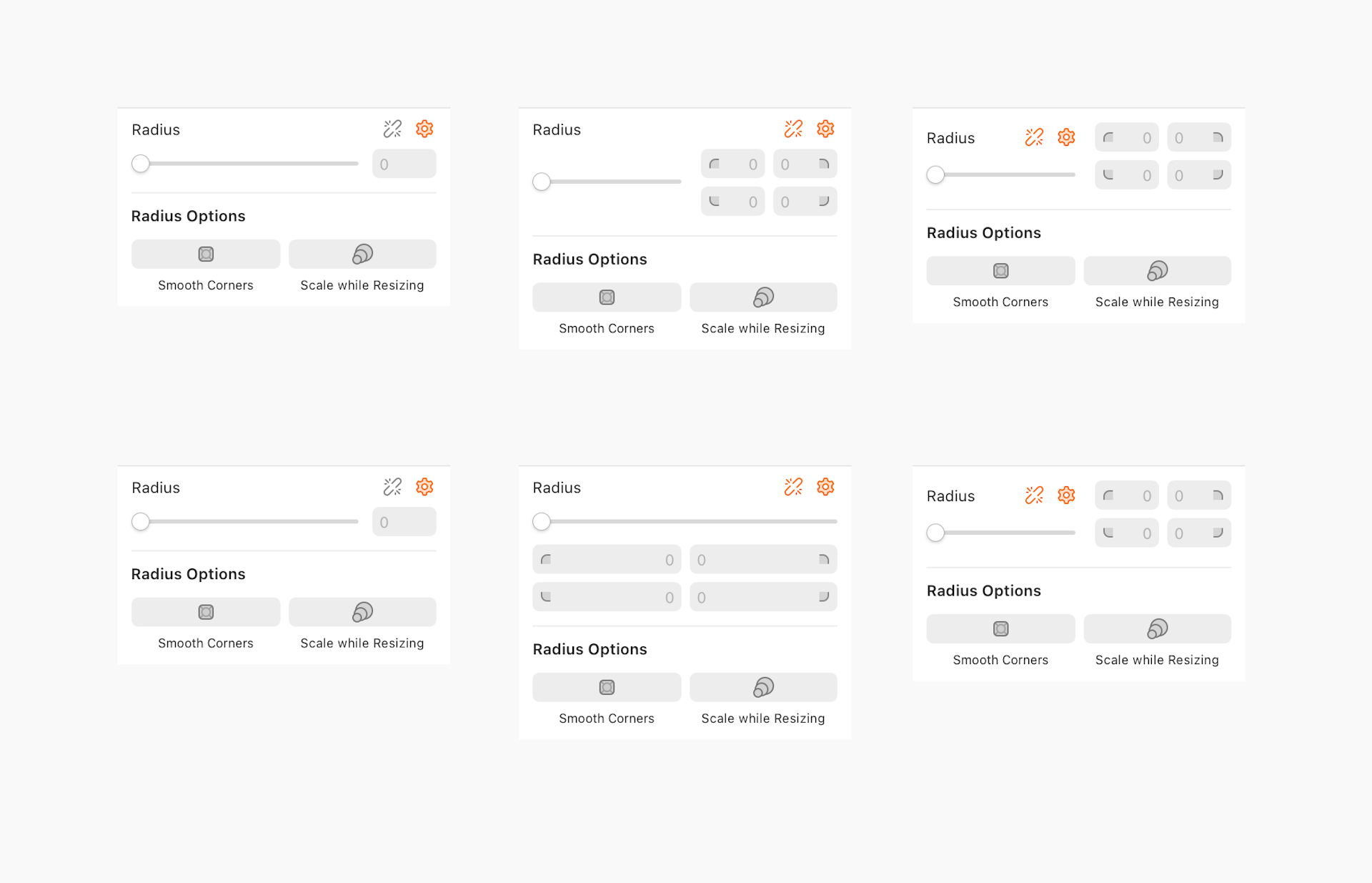 An image showing previous iterations of the Inspector Corner settings in the Mac app.