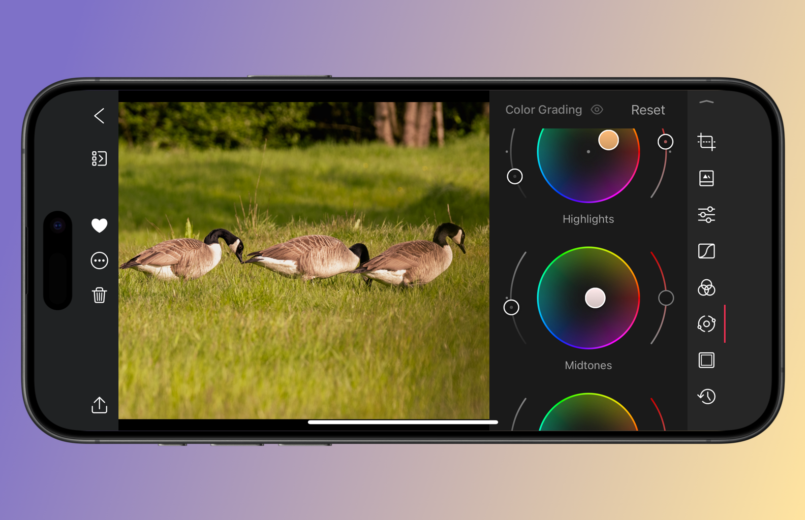 An image showing Darkroom‘s color grading tools on an iPhone