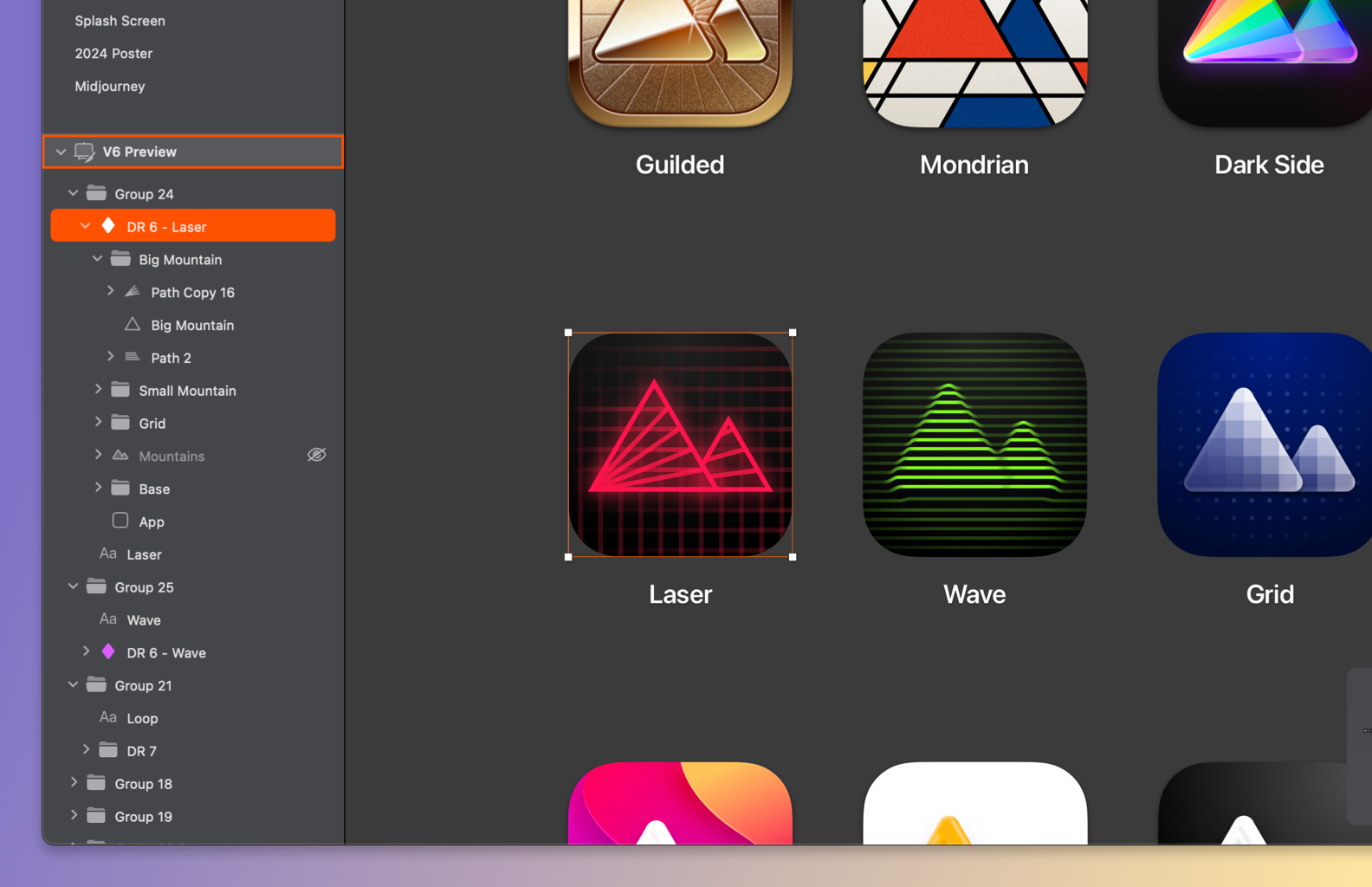 An image showing Darkrooms icon variants in Sketch