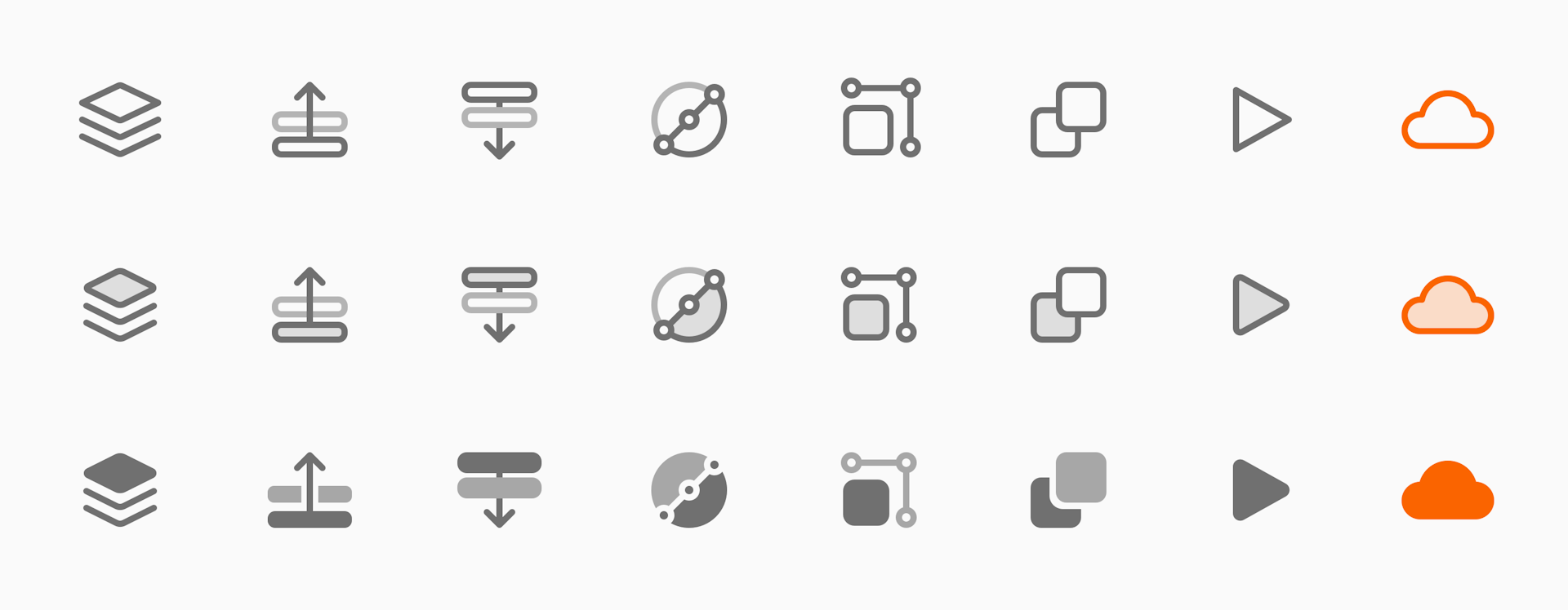 Image showing three rows of different icon styles including outlined, semi-filled and filled.