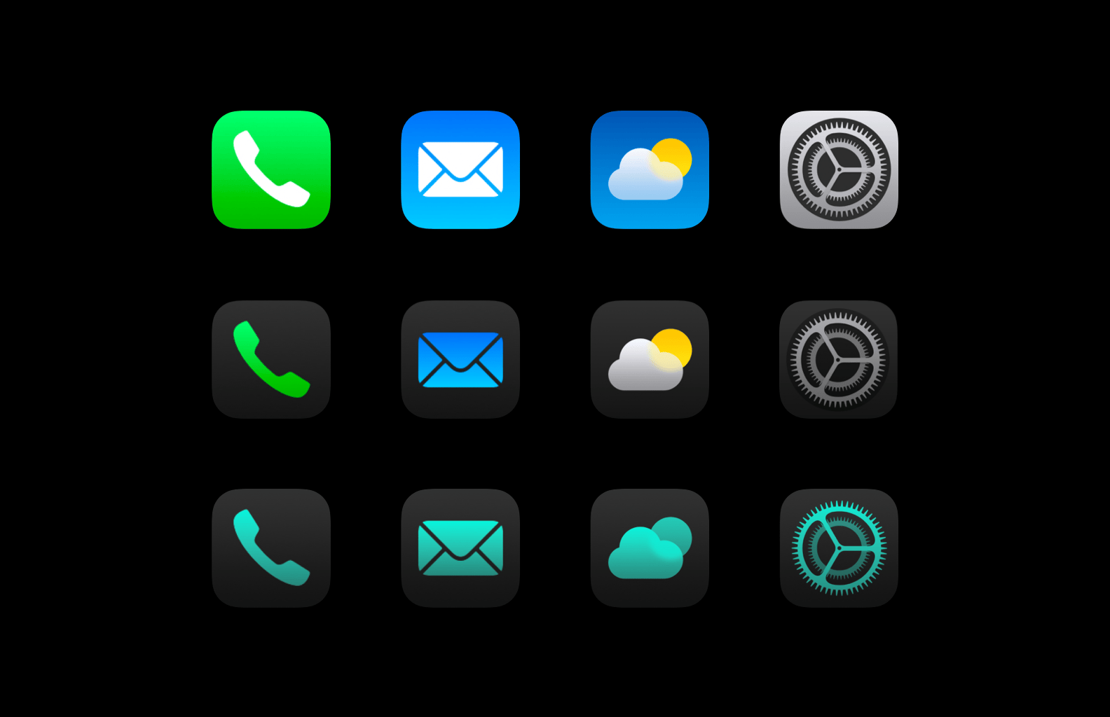 Apple’s phone, mail, weather and settings app icons with their dark and tinted variants