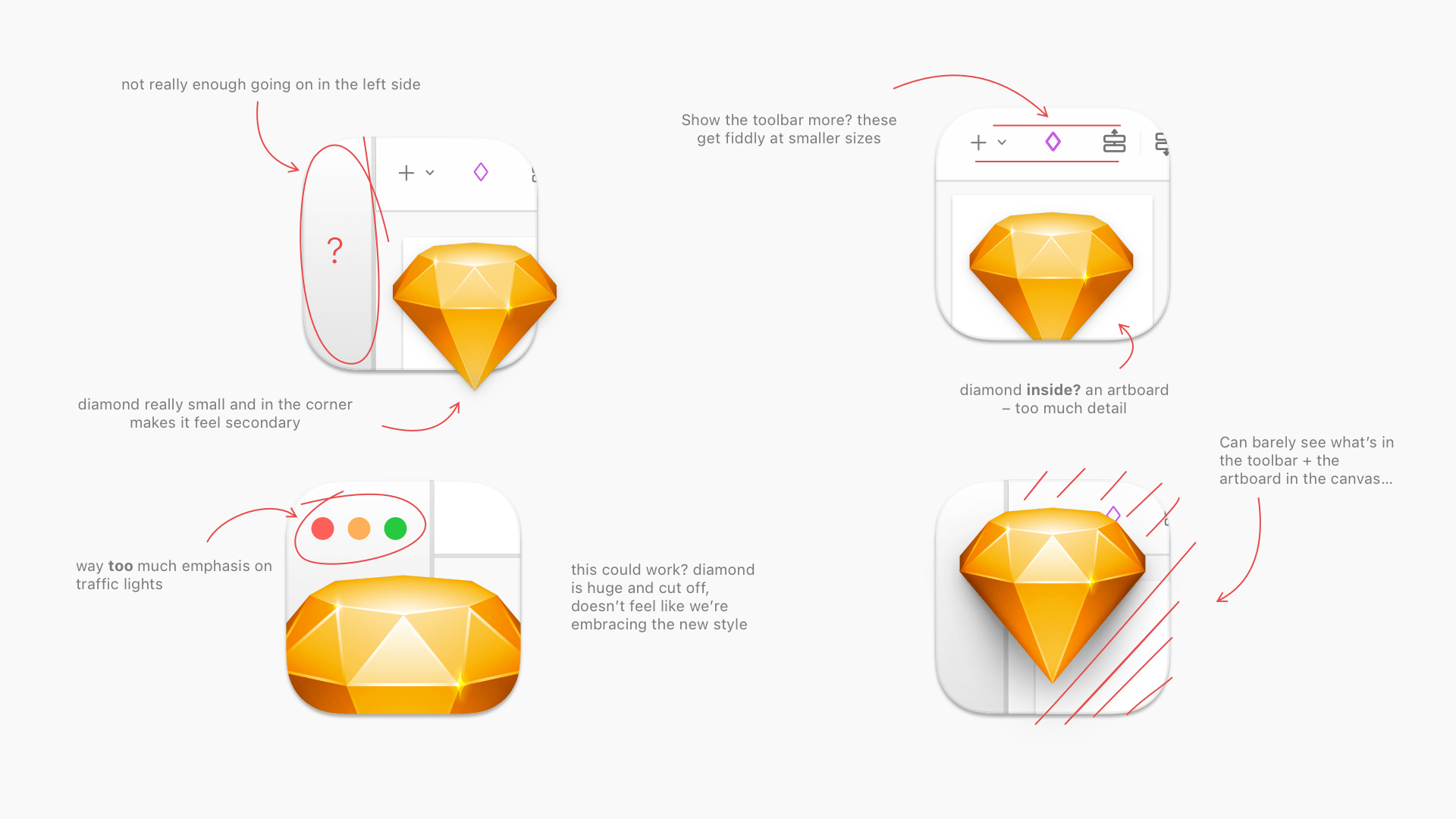 An image showing different ways of using the diamond overlaid on an illustrated version of the Sketch UI, with annotations explaining the pros and cons of each approach.