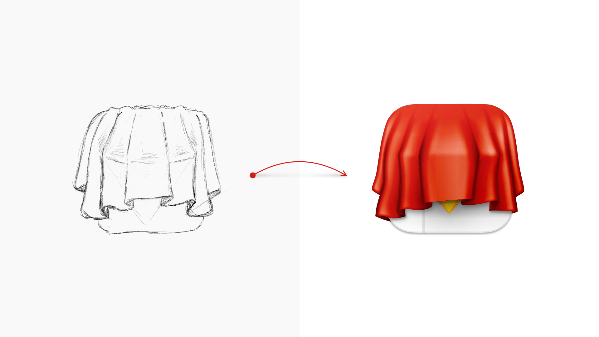 An image of an early sketch of a diamond icon covered by a cloth, next to the finished version of the icon we now use for our Private build.