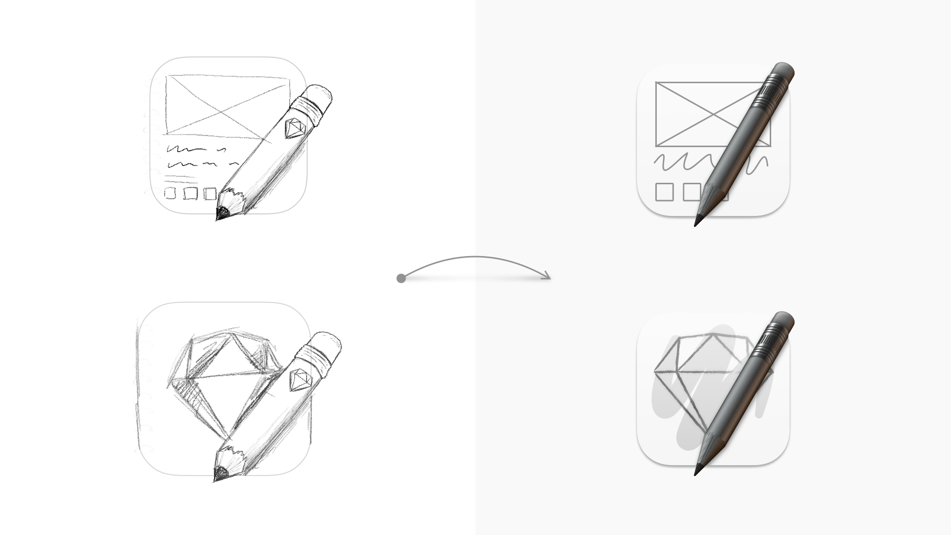 An image showing some initial ideas of icons with pencils overlaid on rectangles, with vector versions of these ideas next to them.