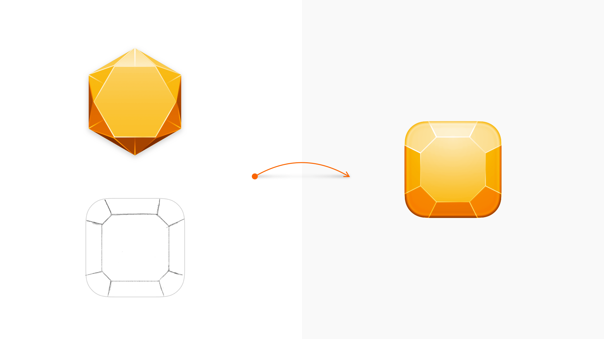 An imagine showing a top-down reimagining of the Sketch diamond in an early drawing and a vector version of that drawing.