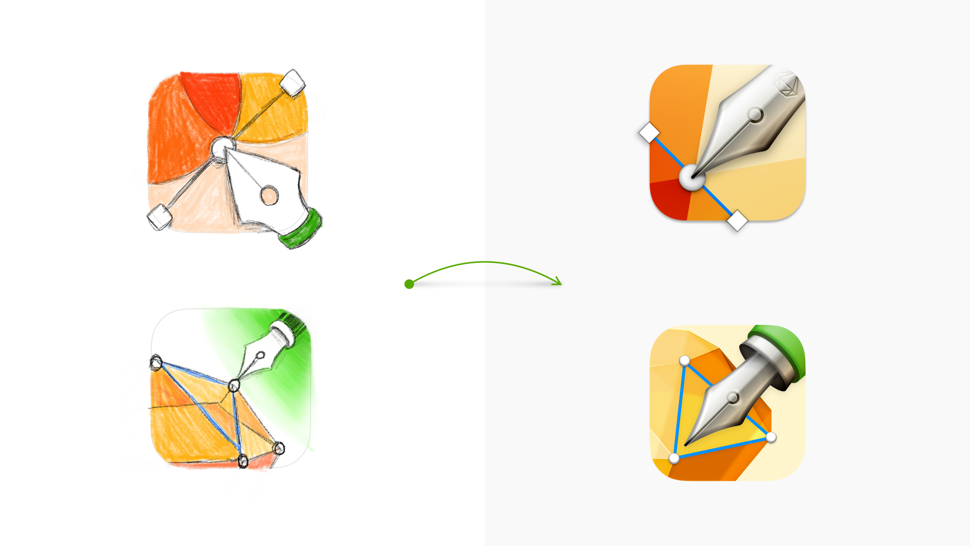 An image showing some initial sketches of icons with pens and nibs alongside vector versions of those icon ideas.