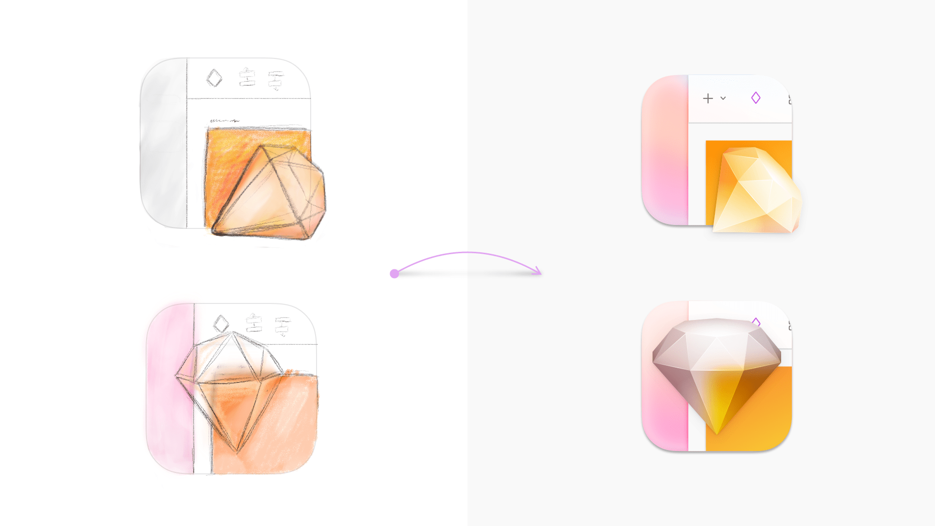 An image showing sketches and vector versions of icon ideas that used the new Sketch UI and a semi-transparent diamond.