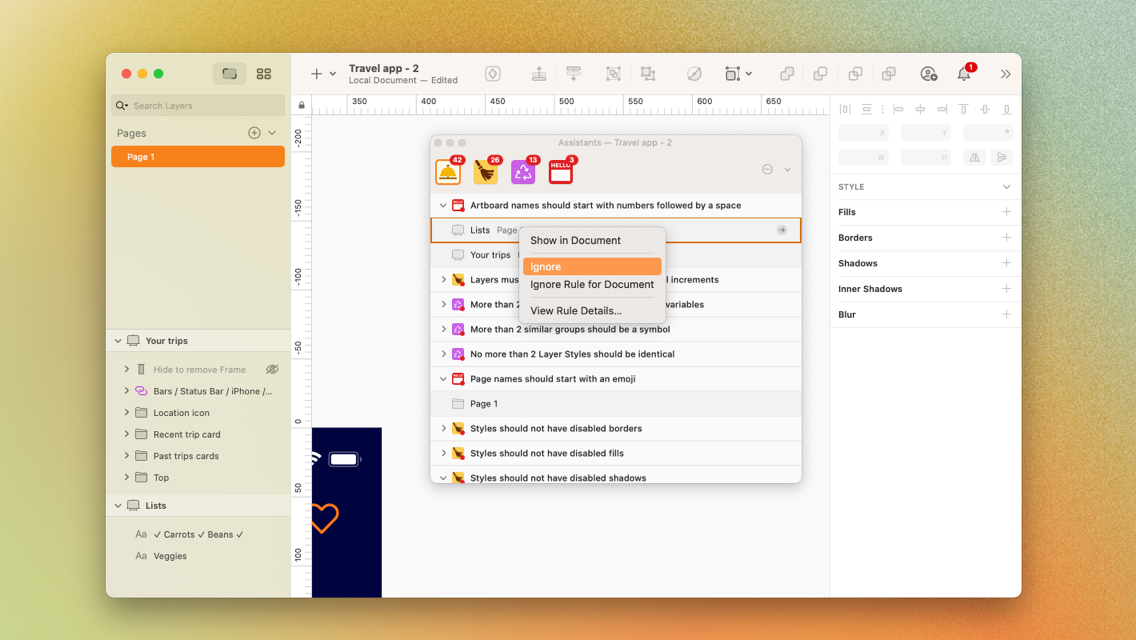 An image showing how to ignore rules from Assistants in Sketch