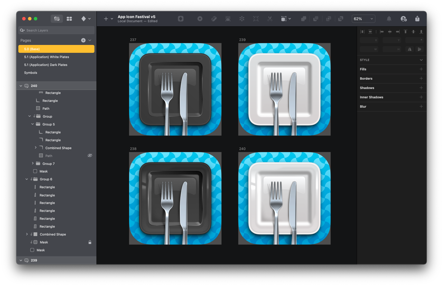 Four different variation of the Fastival icon with different color schemes to find the right contrast.