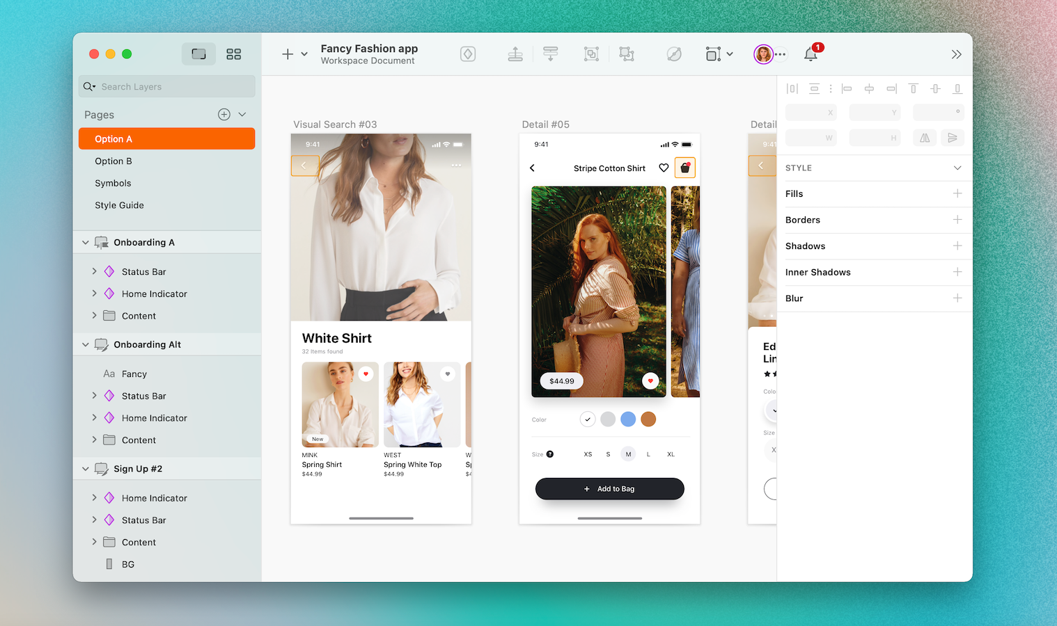 An image of a mobile app mockup in the Sketch UI.