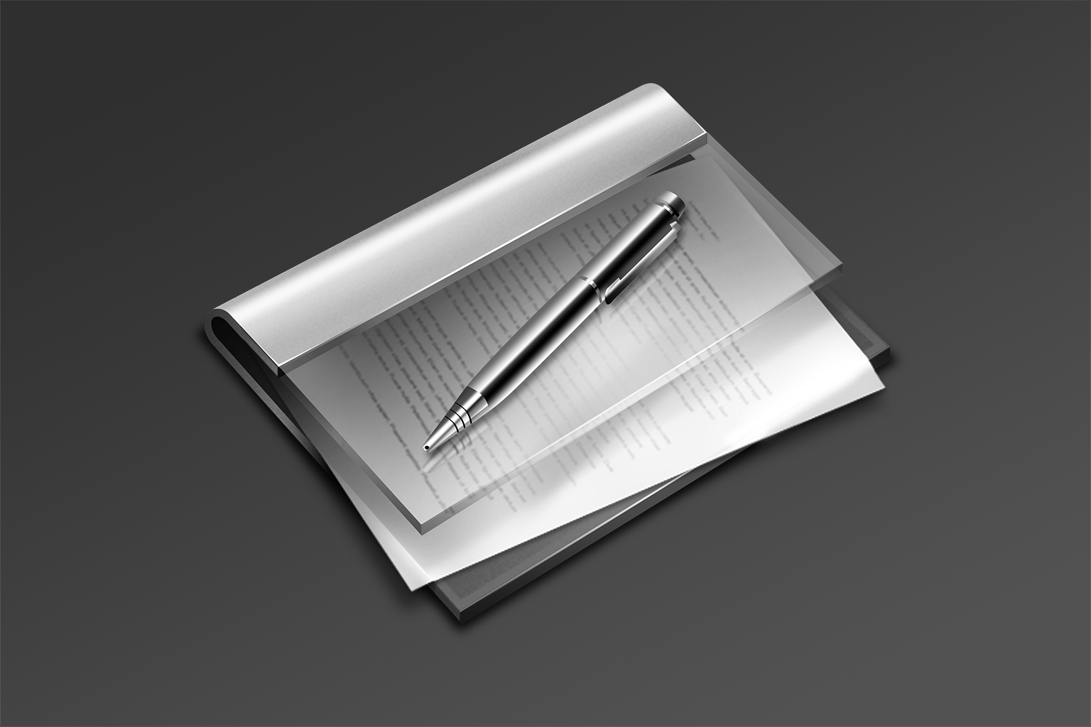 A skeuomorphic icon showing a binder full of notes along with a ballpoint pen, designed by Emanuel