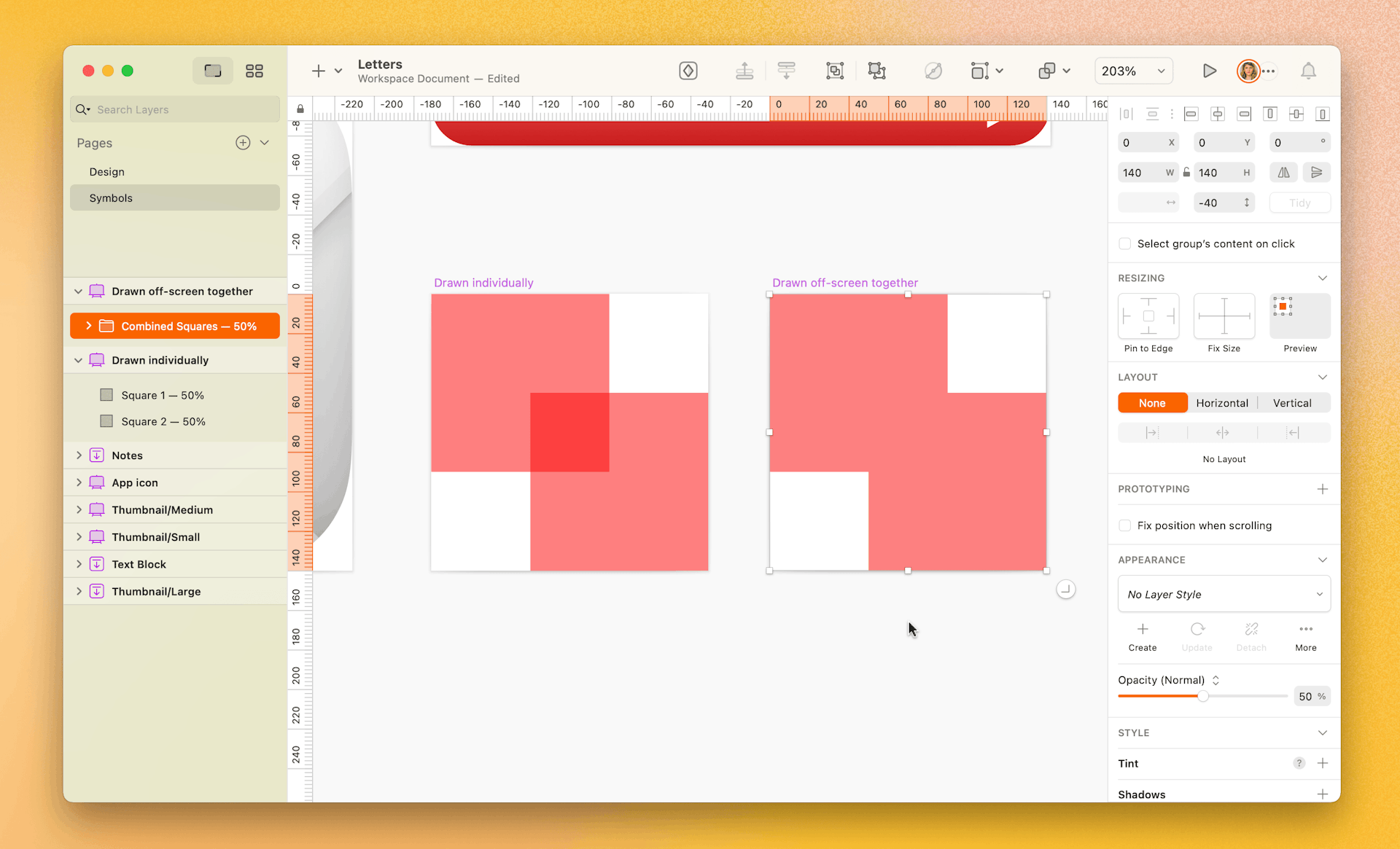 A screenshot showing two shapes on the Canvas of a Sketch file. The first has two squares intersecting, and each square is at 50% opacity — the area where the two squares intersect is darker. The second has a similar layout with the squares intersecting, but the image is handled as a single shape and color is uniform across the whole thing.