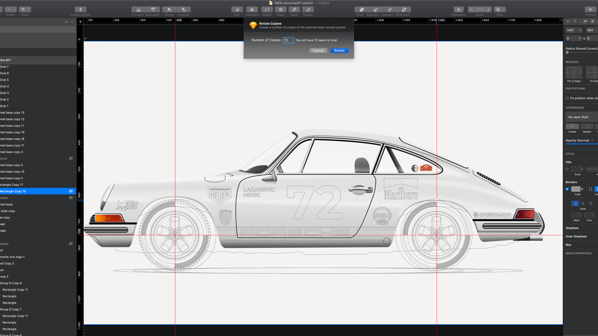 A screenshot of a Sketch document with a half-finished illustration of a photorealistic car.